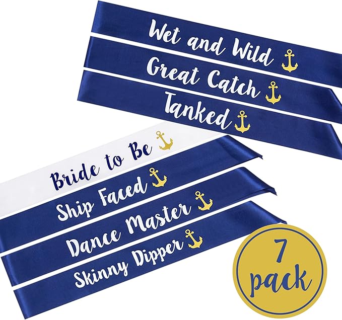 “Last Sail Before The Veil” Bachelorette Sashes | 7 Pack | 1 Bride to be Sash and 6 Bride Tribe Sashes with Fun Nautical Phrases