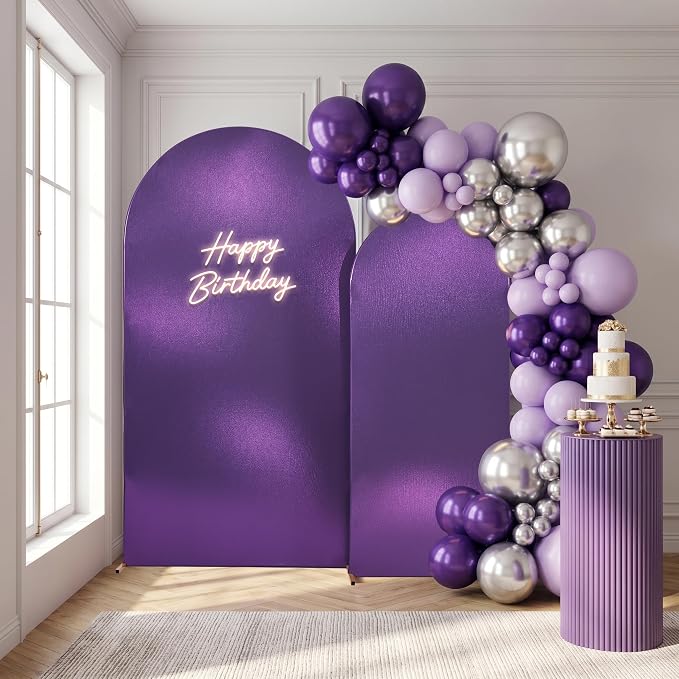 Shimmer Purple Arch Backdrop Cover Set of 2 (6 7.2FT) with Zipper,Thick Soft Stretchy Sequin Glitter Spandex Fitted Chiara Cover for Wedding Birthday Baby Shower Graduation Party Photo Backdrop