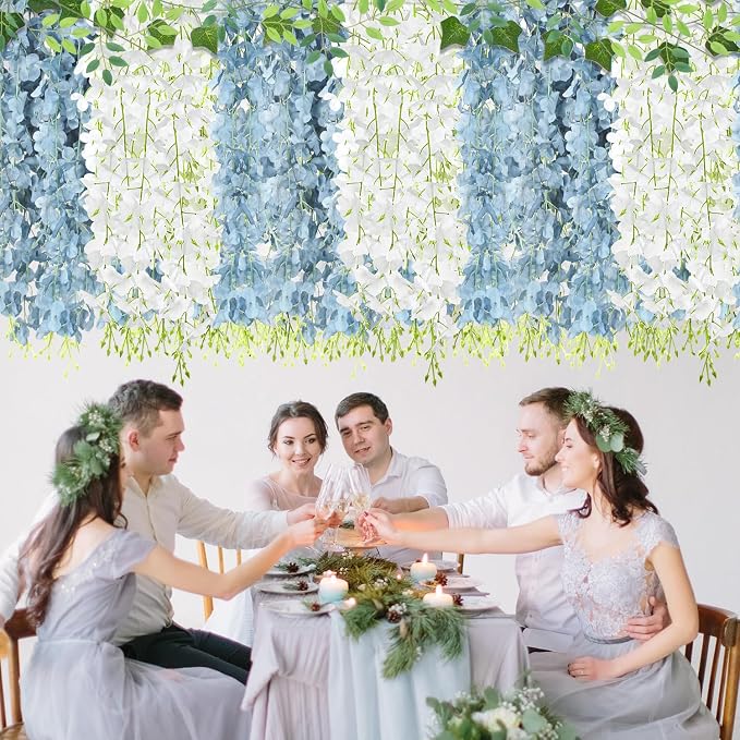 25 Pcs Artificial Wisteria Hanging Flowers 3.6ft Dusty Blue & White Fake Hanging Flowers Garland Silk Flowers Rattan String Faux Wisteria Vine for Wall Home Wedding Party Arch Greenery Backdrop Decor