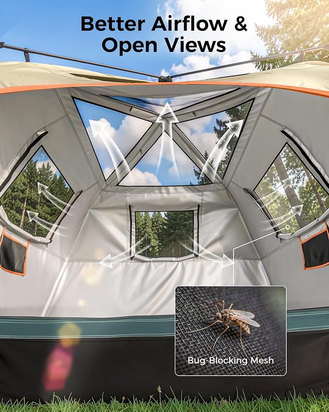4 Person Instant Tent, Camping Tent Setup in 60 Seconds, Waterproof Pop Up Tents for Camping with Top Rainfly, Instant Cabin Tents with Portable Carry Bag for Family Camp & Hiking, Green + Brown