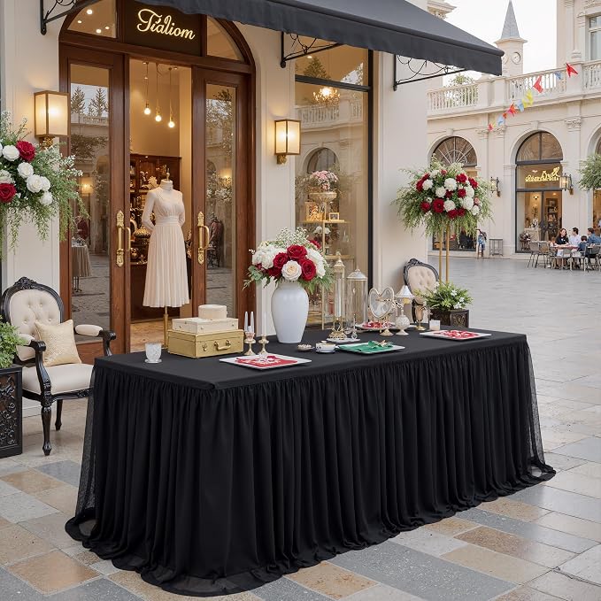 familus 8ft Black Spandex Fitted Tablecloth with Tulle Table Skirt - 2-in-1 Structured Tutu Table Cover for Weddings, Trade Shows, Banquets & Professional Events