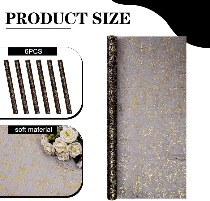 BINBE 6PCS Black Table Runner 10Ft Sheer Chiffon Fabric Cheesecloth Sequin Glitter Table Runner for Wedding Birthday Party Decor