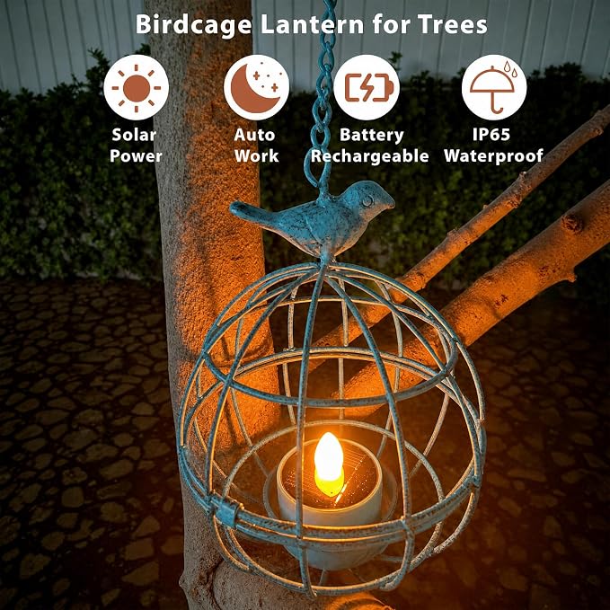 Outdoor Solar Hanging Lantern Lights, 4 Pack Rustic Ball Birdcage Hanging Candle Holder with Solar Tea Lights, Waterproof Chandelier for Tree, Pergola, Patio Decor (Vintage Blue)