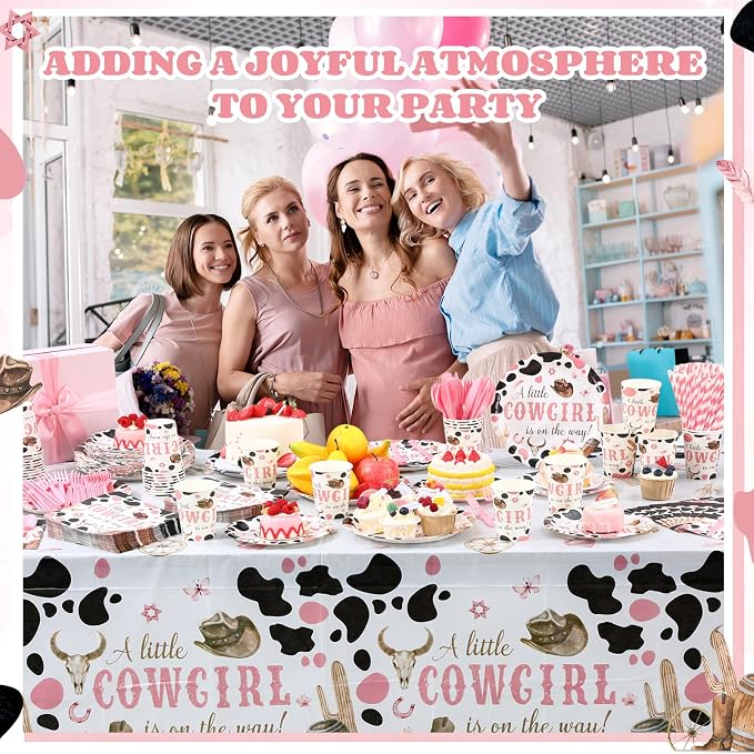 Funnymoom 452 Pcs Cowgirl Baby Shower Party Decorations Include a Little Cowgirl Is on the Way Paper Plates Napkins Cups Tablecloth Cutlery Straws for Baby Shower Party Supplies