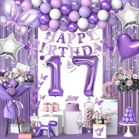 17th Purple Birthday Decorations for Girls, Purple Pink 17th Birthday Decorations Butterfly Theme Lavender Party Decor Set with Number Balloons, Banner, Sash, Butterfly Stickers