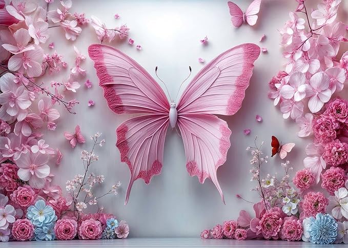 8X6ft Pink Butterfly Flower Backdrop for Photography Floral Wonderland Photo Background Baby Shower Birthday Bridal Shower Party Decors Newborn Girls Princess Portrait Photobooth Props