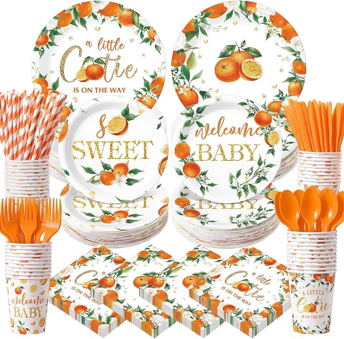 450 Pcs Little Cutie Baby Shower Tableware Set Decorations A Little Cutie is on the Way Paper Plates Disposable Napkins Cups Cutlery Straws for Orange Fruit Birthday Party Supplies, Serves 50