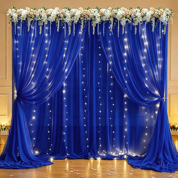 20 x 10ft Royal Blue Chiffon Backdrop Curtain with Lights String for Parties,4 Panels Sheer Tulle Curtain Wedding Backdrop for Baby Shower Birthday Party Ceremony Reception Home Decorations