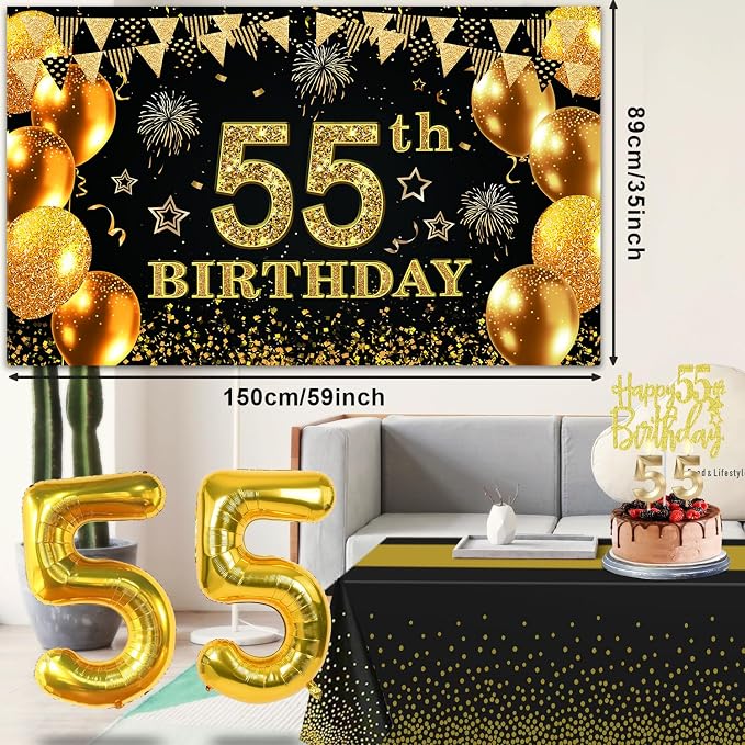 55th Birthday Decorations for Men Women with 55th Birthday Banner, Black and Gold Table Cloth, Number Balloons, Large Sash, Cake Topper and Candles