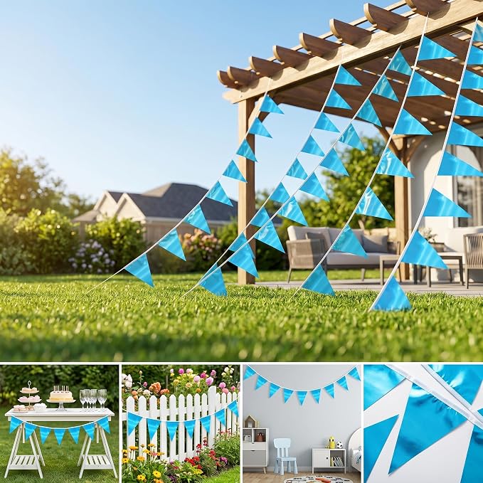 130FT LightBlue Triangle Pennant Banner Flag Metallic Fabric Bunting Garland for Christmas Graduation Wedding Engagement Anniversary Bachelorette Birthday Bridal Shower Valentines Hen Party Supplies