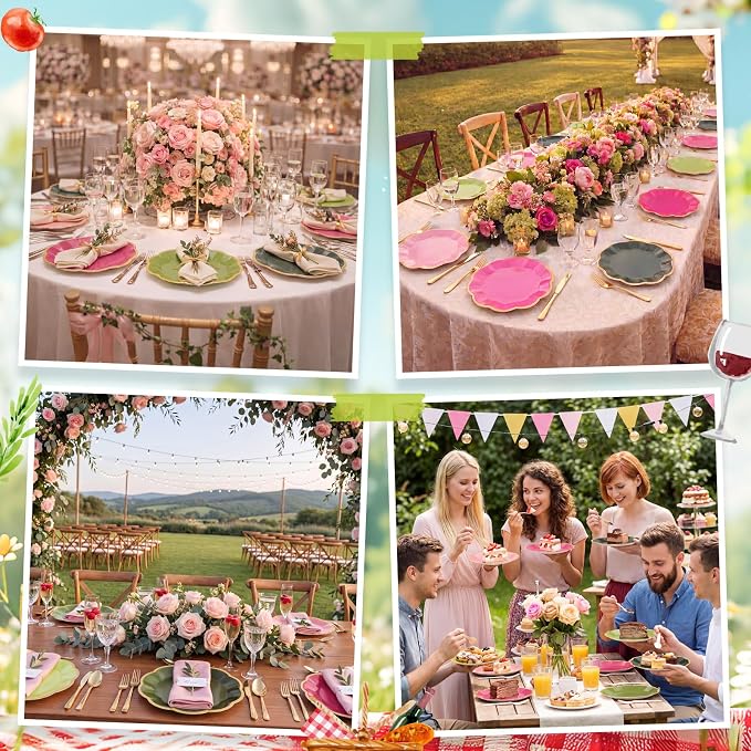 72 Pcs Pink and Green Paper Plates 9 Inch Pink and Green Guava Gradient Scalloped Paper Disposable Dinner Dessert Plates for Summer Birthday Wedding Bridal Party Supplies, 6 Colors