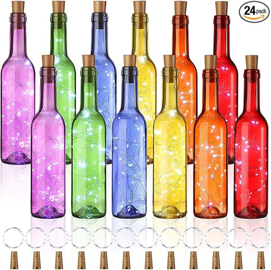 Rtteri 12 Sets Small Empty Wine Bottles with Cork Lights Centerpiece and 30 LED Battery Operated Cork Lights for Birthday Wedding Party Decoration (375 ml,Colorful Bottle)