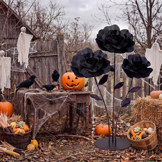 Norme 3 Pcs Giant Black Artificial Roses for Decoration 12 16 20 Inch Large Artificial Flowers Big Paper Flowers for Halloween Wedding Home Decor Anniversary Birthday Gothic Velvet Rose Bulk