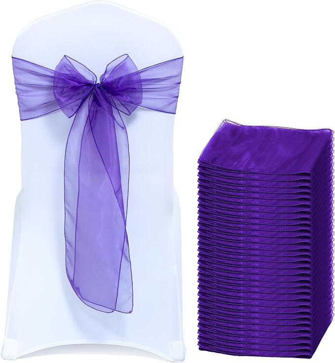 MDS Pack of 250 PCS Organza Chair Sashes Wider Dining Chair Bows Ribbon Tie Back for Wedding Party Birthday Bridal Shower Reception Event Banquet Home Chair Cover Decoration - Purple