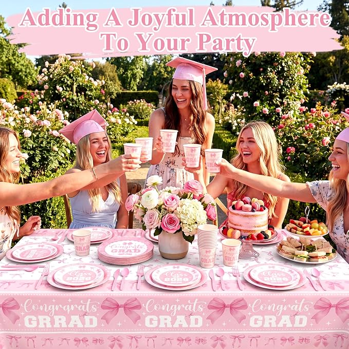 LemonRoad 452 Pcs 2026 Pink Bow Graduation Decoration for 50, Pink and White Grad Paper Plates Napkins Cups Tablecloth Cutlery Straw Coquette Disposable Tableware for Freshly Graduated Party Supplies