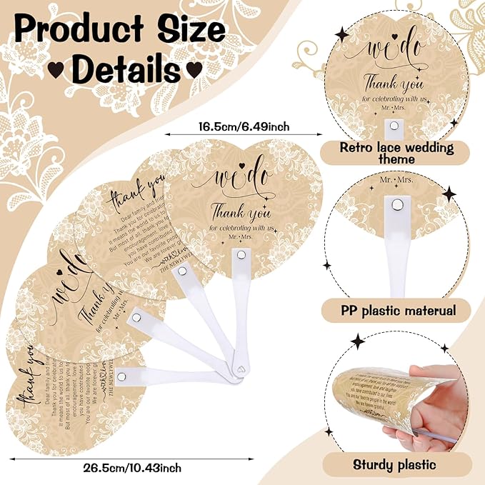 Roowest Wedding Fans for Guests Bulk 100 Pcs Retro Lace Wedding Hand Fans 1 Table Sign Abanicos para Boda Thank You for Celebrating with Us Favors for Bridal Shower Tea Party Gift