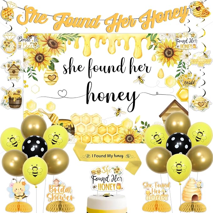 Bee Bridal Shower Decorations She Found Her Honey Backdrop Banner Cake Topper Bride to Bee Bridal Shower Decor Hanging Swirl for Bridals Shower, Engagement, Wedding, Bachelorette Party Supplies
