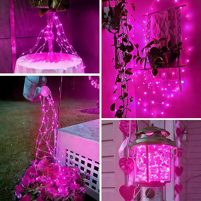 YEGUO 4 Pack Pink Solar Fairy Lights, Each 33ft 100 LED Christmas Lights Outdoor Waterproof, 8 Modes Sliver Wire Solar String Lights