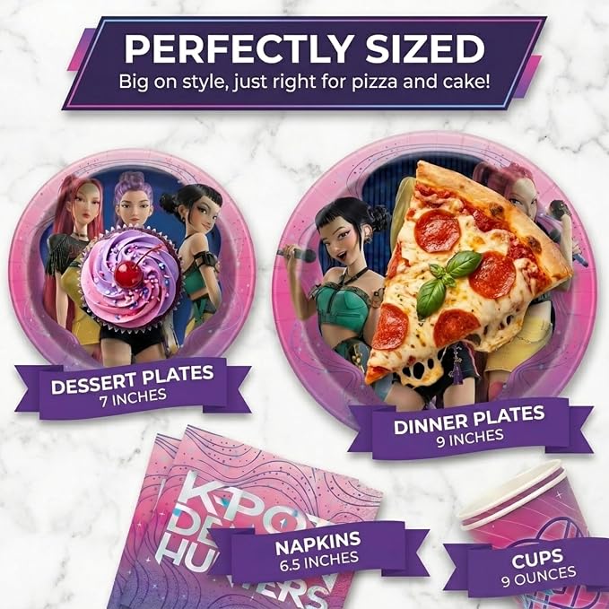 KPop Demon Hunters Birthday Decorations | KPop Demon Hunters Plates and Napkins, Cups, Forks | Officially Licensed