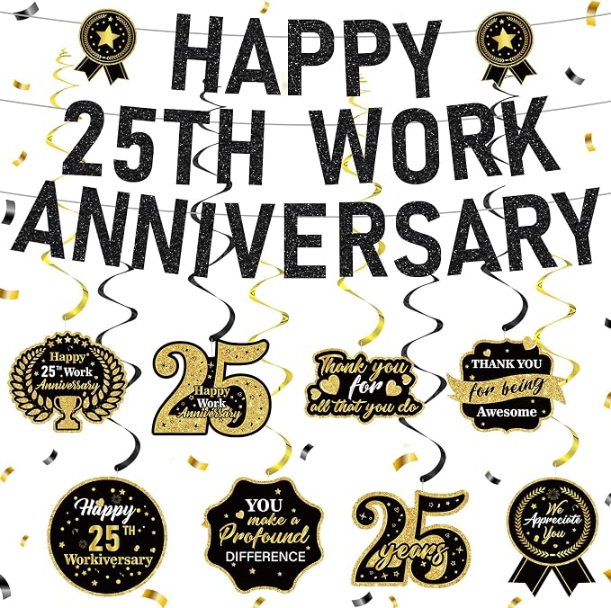 11pcs 25 Year Work Anniversary Decorations Black Gold Happy 25th Work Anniversary Banner Hanging Swirls Employee Appreciation Decorations Supplies 25 Year Workiversary Gifts for Employee Worker