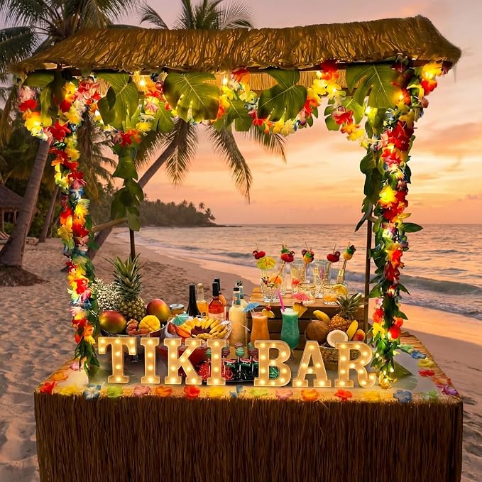 Honoson 7 Pcs Hawaiian Luau Tiki Party Decoration Tiki Bar LED Light Sign Hawaii Summer Tropical Table Lights up Sign for Summer Pool Beach Hawaiian Themed Party Supplies