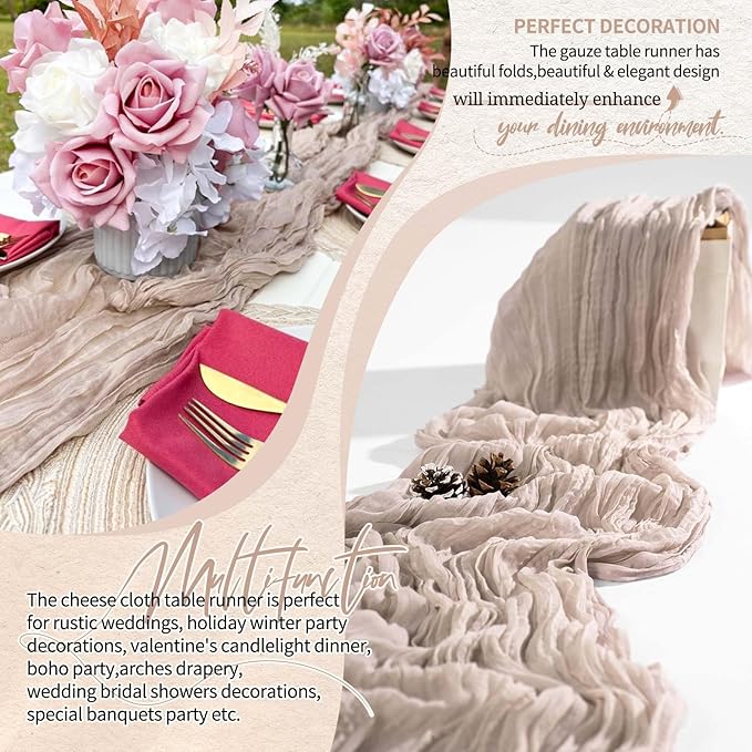 2 Pack Cheesecloth Table Runner 10FT Rosy Brown Table Runner Boho Gauze Cheese Cloth Table Runners Long Rustic Sheer Table Decorations for Wedding Party Baby Bridal Shower Birthday Holiday Home