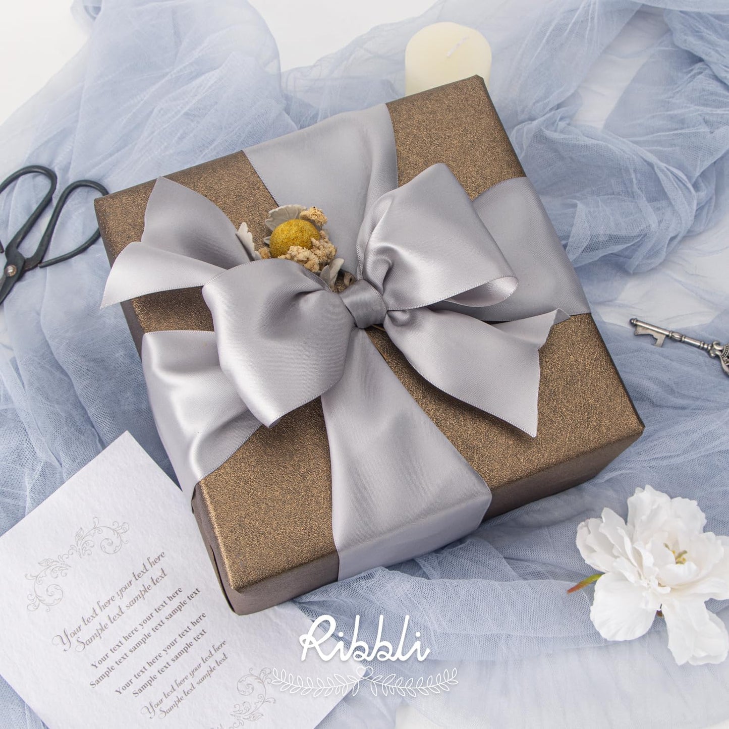 Ribbli Silver Double Faced Satin Ribbon, 3” x Continuous 10 Yards,Use for Bows Bouquet,Gift Wrapping,Floral Arrangement,Wedding Decoration