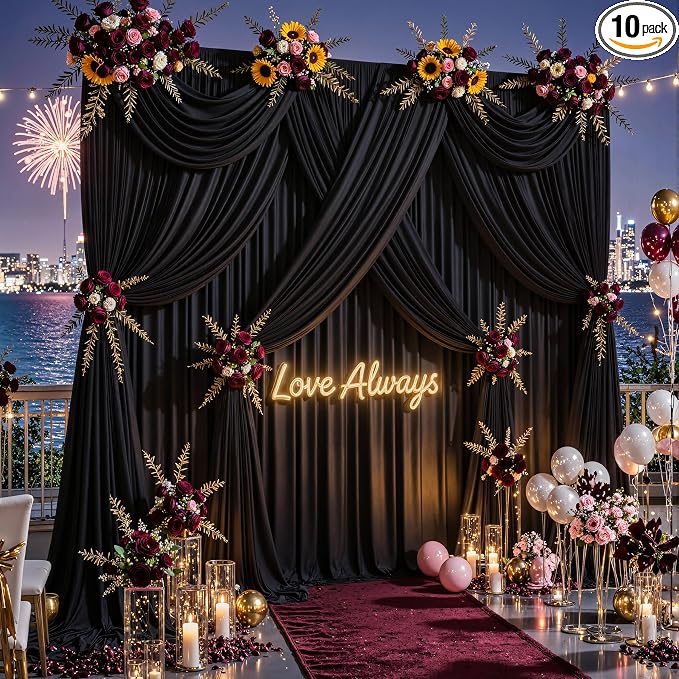 50ftx12ft Wrinkle Free Black Backdrop Curtain, 10 Panels 12FT Long Wedding Photo Backdrop Drapes, Silky Polyester Back Drop Cloth for Birthday Photography Background Party Backdrop Draping