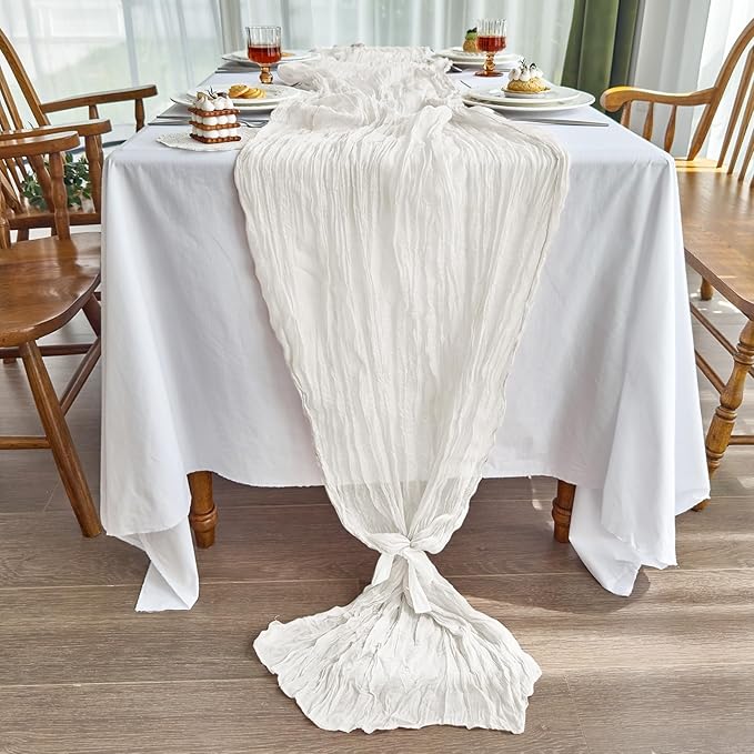 IVAPUPU 4 Pcs Cheesecloth Table Runner - 10ft Ivory White Spring Boho Gauze Cheese Cloth Table Runners for Baby Shower Decoration Wedding Party Garden Farmhouse