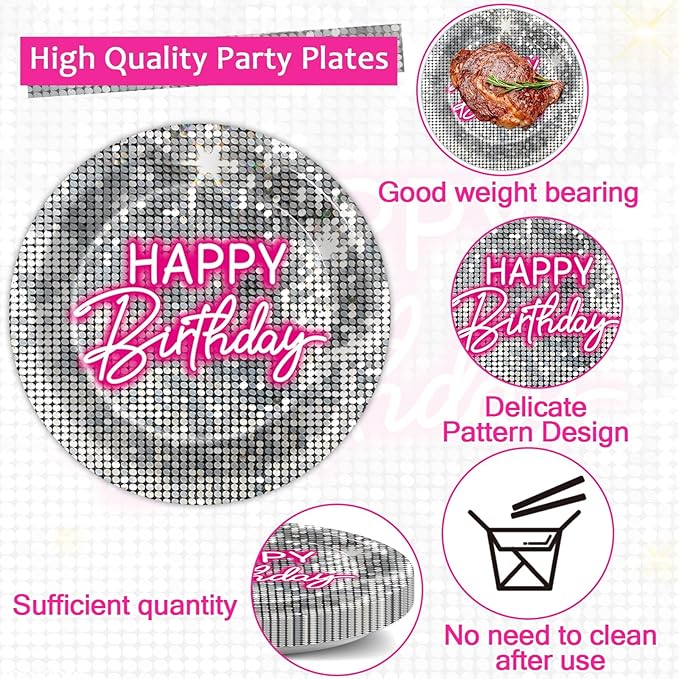 96PCS Silver Sequins Pink Neon Birthday Paper Plates and Napkins, Disco Silver Glitter Party Decorations for Shimmer Hot Pink Party Dinner Dessert Plates, 80s Neon Light Tableware Decor, Serves 24