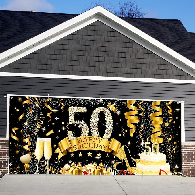 50th Birthday Garage Door Banner Cover 7x16ft Waterproof -Gold Glitter Diamond Backdrop, Luxury Milestone Party Decor for Adults, Anniversary Photo Booth Background