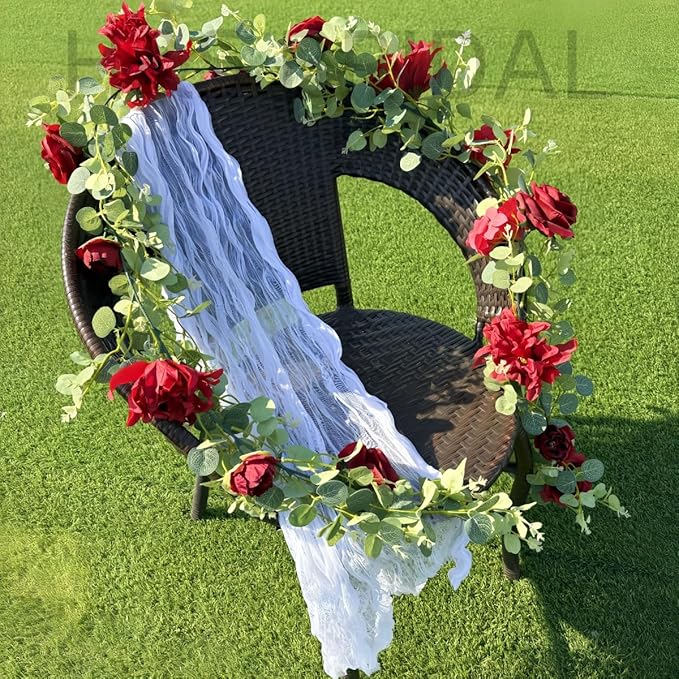 Artificial Flower Garland，6.5Ft Fake Dahlia Rose Floral Eucalyptus Greenery Garland Vine for Wedding Arch，Table Runner Centerpieces Backdrop Room Wall Hanging Plant Decor（Burgundy）