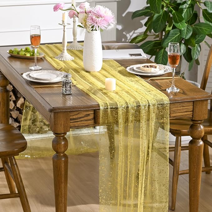 Artoid Mode 10PCS Light Yellow Gold Gauze Table Runner 120 Inch 10FT, Glitter Metallic Foil Sheer Dining Wedding Anniversary Holiday Birthday Table Decor for Home Party
