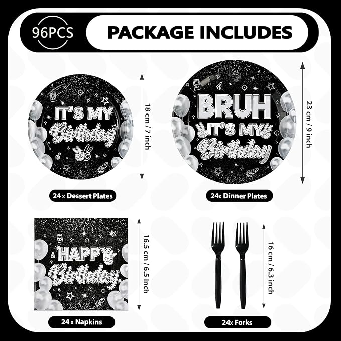 96pcs Bruh It's My Birthday Decorations Black and White Birthday Plates and Napkins for Teen Boys Black and Silver Birthdays Graduation 2026 Party Decorations