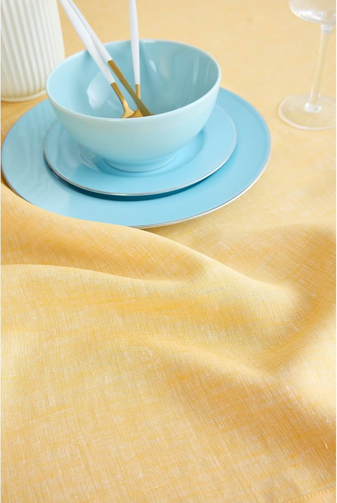 Solino Home Linen Cloth Tablecloth 52 x 52 Inch - 100% Pure Linen Chambray Mustard Square Tablecloth - Athena, Machine Washable Table Throw for Summer