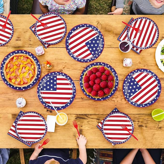 96Pcs 4th of July Patriotic Party Supplies Patriotic Paper Plates and Napkins US American Flag Disposable Tableware for 4th of July 250th Anniversary Memorial Day Party Decorations Serve 24