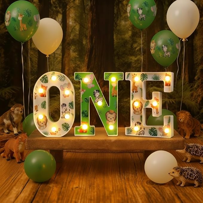 Tujoe Wild One Birthday Decorations Jungle Safari 8.5 Inch LED Light Up Letters for 1st Birthday Boy or Girl Animals First Table Centerpiece Backdrop Decor 1 Year Old Party Supplies