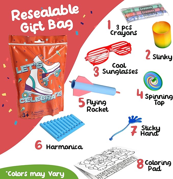 Crown Display Party Favors for Kids 10 Pre Filled Party Favor Bags - Roller Skating Fun Goodie Bags Stuffers for Kids with Fidget Toys and Small Toys Goody Bag Stuffers - Party Favors for Kids 4-8