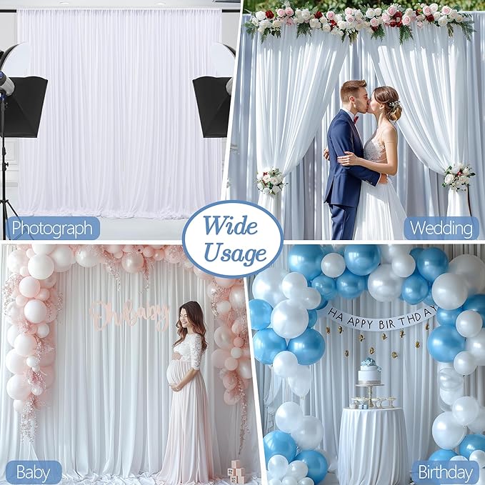 40x10ft Wrinkle Free White Backdrop Curtain for Parties Soft Fabric Drapes Wedding White Curtain Backdrop for Birthday Party Decorations Background for Photography 5x10ft, 8 Panels