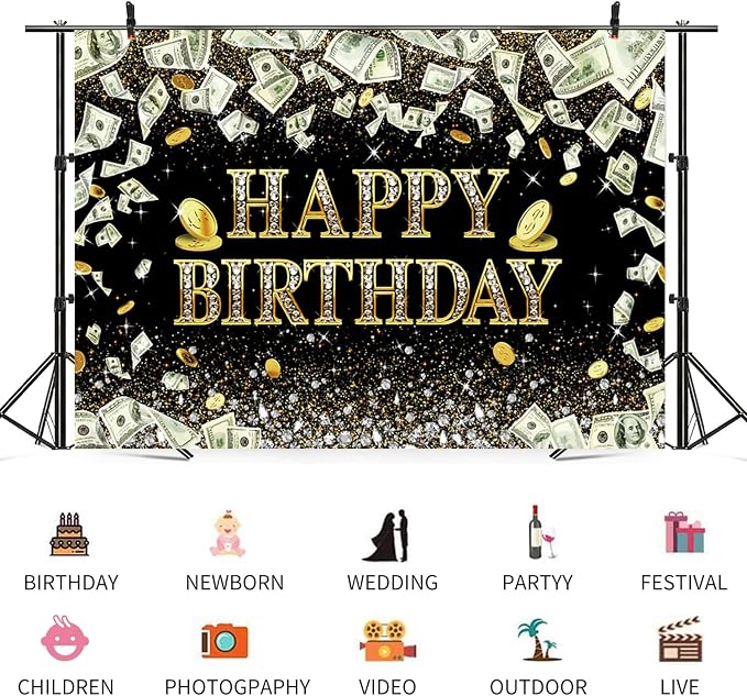 10x6.5ft Happy Birthday Backdrop Dollar Bill Theme Photography Background Money Glitter Diamond Girls Boys Birthdays Party Banner Decorations Gold Coins Men Women Parties Photo Booth Prop