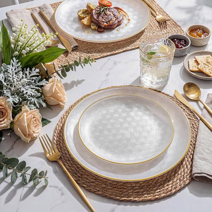 Festiva 60PCS Clear Ivory Plastic Plates with Gold Rim - Heavy Duty Fancy Disposable Plates - Serve for 30 Guests Include 30PCS 10.25" & 30PCS 7.5" Honeycomb Design Plates for Bee Party