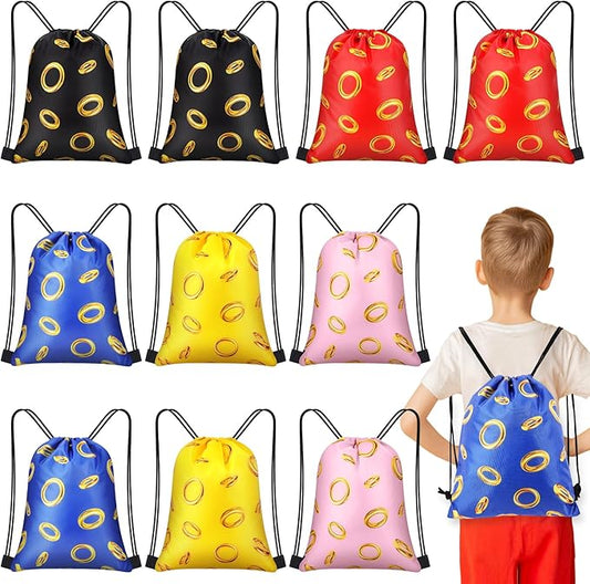 16 Pcs Gold Ring Party Favors Drawstring Bags Video Game Goodie Bags Candy Treat Backpack Decoration for Kids Gamer Birthday Party Supplies Gifts (Multicolor)