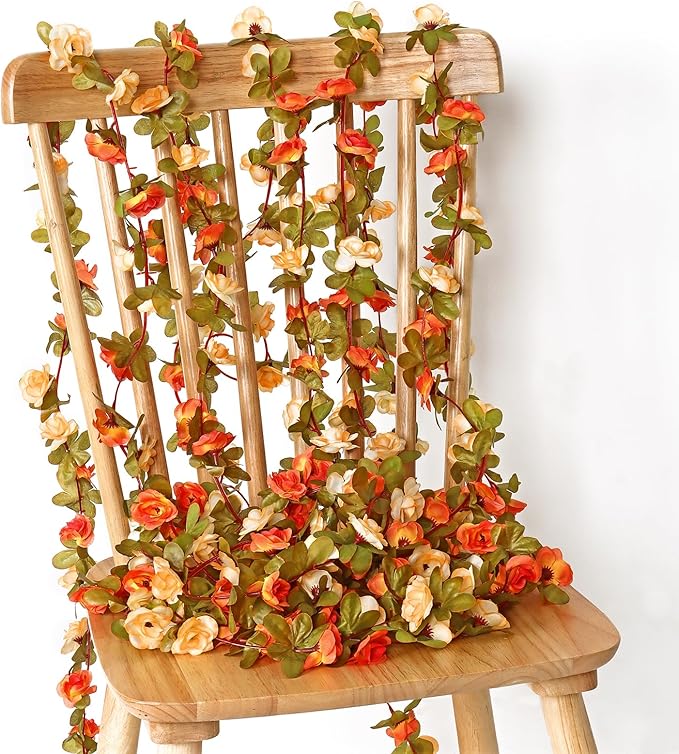 KHOYIME 9 Pack 72 FT Artificial Flower Garland, Fake Orange Roses Vines Silk Flowers Faux Plastic Outdoor Hanging Floral Garland Fall Autumn Decoration for Indoor Table Home Wall Backdrop Room Decor
