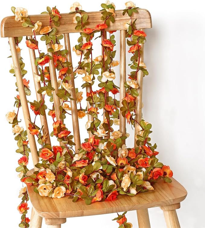 KHOYIME 5 Pack 40 FT Artificial Flower Garland, Fake Orange Roses Vines Silk Flowers Faux Plastic Outdoor Hanging Floral Garland Fall Autumn Decoration for Indoor Table Home Wall Backdrop Room Decor
