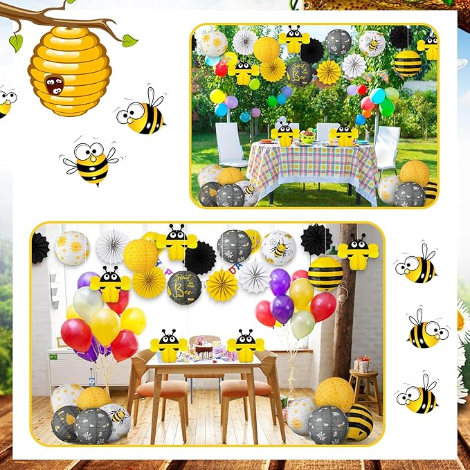 Retisee 18 Pcs Bee Honey Party Decoration.Yellow White Hanging Paper Lantern Bee Honeycomb Fans Honeycomb Ball for Honey Birthday Party Ceiling Decor Supplies