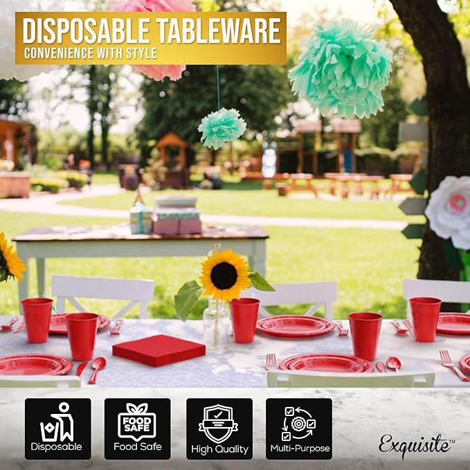 350 Pcs Red Plastic Plates For Party, Red Disposable Plates Set, 50 Of Each 9" Dinner Plate Set, 7" Dessert Plate, Cups, Napkins & Cutlery Plastic Dinnerware Set Exquisite