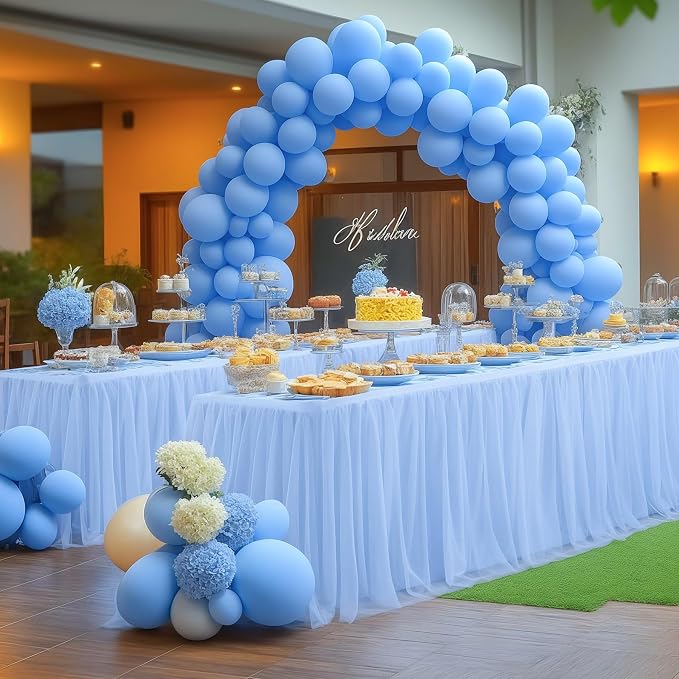 Baby Blue Tablecloth for 8 Foot Rectangle Table, Baby Shower Party Light Blue Tablecloth Tulle Table Skirt Elastic Stretch Ruffle Fitted Tables Cover 8 Foot for Wedding Banquet