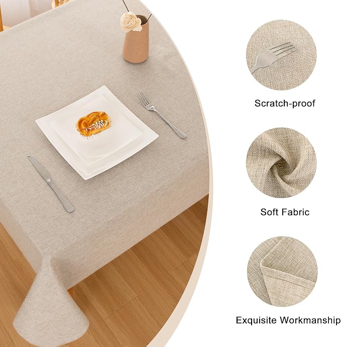 Hiasan 2 Pack Faux Linen Rectangle Tablecloth - Wrinkle and Stain Resistant Washable Table Cloth for Kitchen Dining Room Holiday Table Cover for Party Dinner, Beige, 90 x 132 Inch