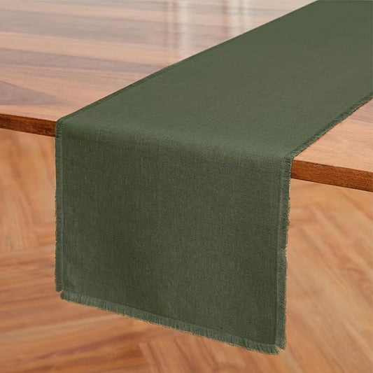 Solino Home Fringe Linen Table Runner 72 Inches Long - 100% Pure Linen Desert Green Dining Table Runner 14 x 72 Inch