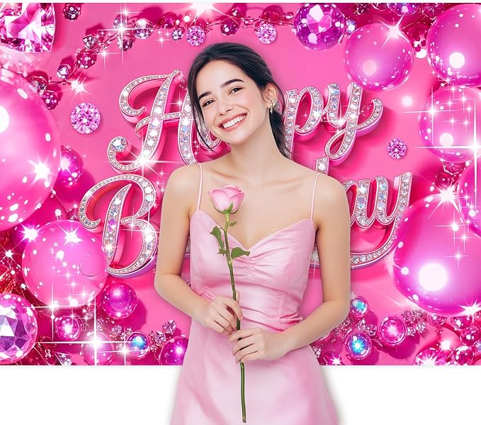 Happy Birthday Backdrop 8Wx6H Feet Polyester Fabric Bling Diamond Glitter Hot Pink Luxurious Ball for Princess Girls Decoration Modern Party Photography Background Photo Shoot Props